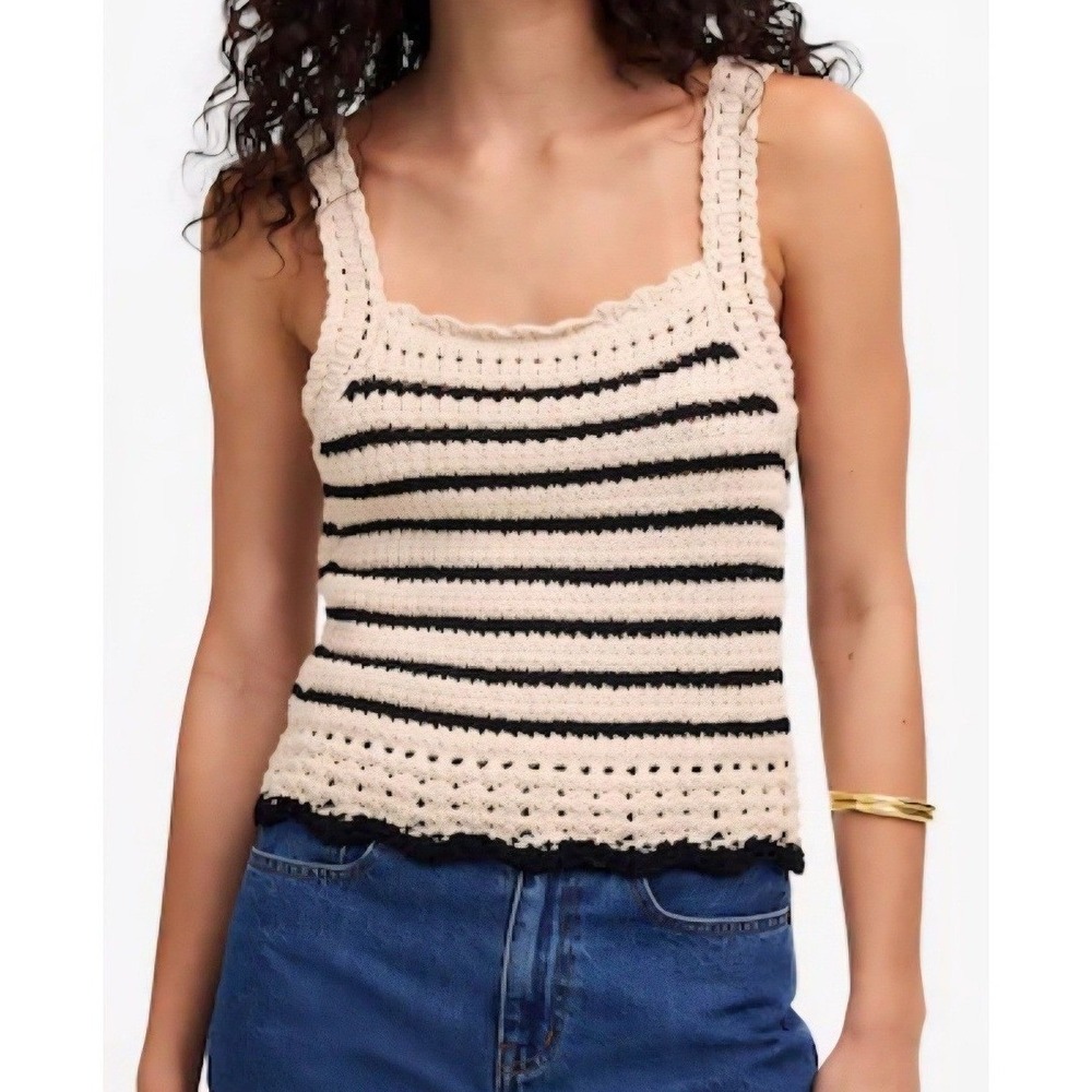 Women's Madewell Medium Striped Crochet Tank Top Scalloped Hem Boho Festival